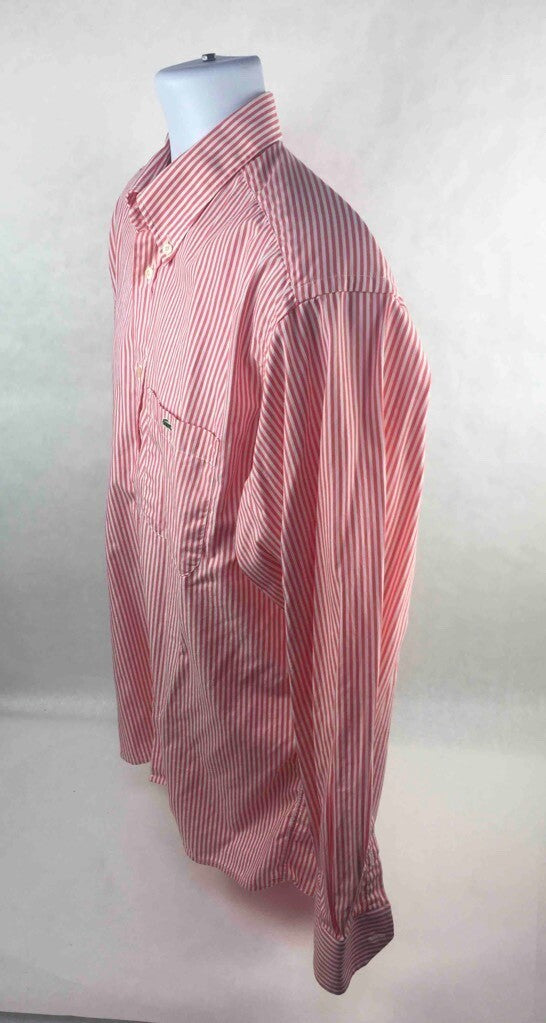 Lacoste Mens Button Down Shirt White Coral Striped Long Cuffed Sleeves Pocket 22