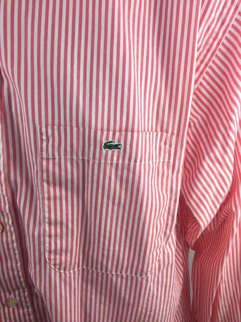 Lacoste Mens Button Down Shirt White Coral Striped Long Cuffed Sleeves Pocket 22