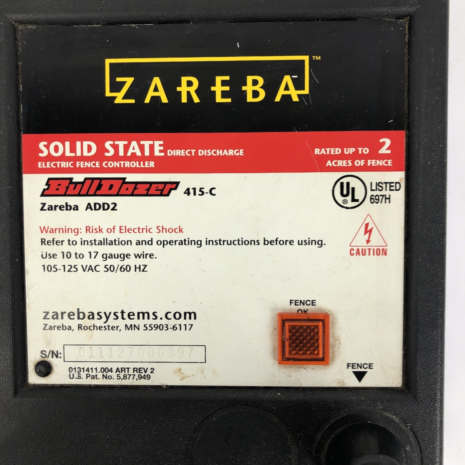 ZAREBA Bull Dozer 415-C Fence Controller 105 - 125 VAC 50/60 HZ 2 Acres Rated