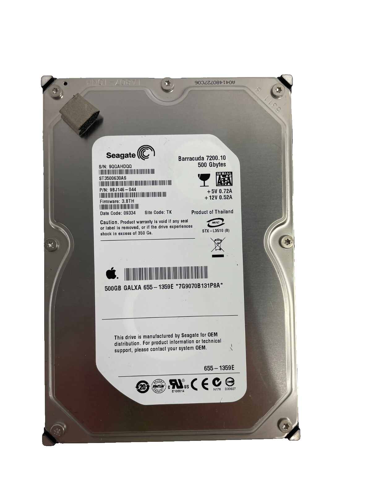 Seagate Model ST3500630AS Barracuda 7200. 10 500 GB Internal Drive Cache 16 MB
