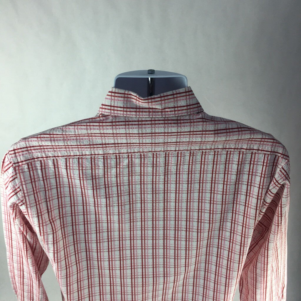 Faconnable Mens Button Front Shirt Pink White Plaid Long Sleeves 100% Cotton XS
