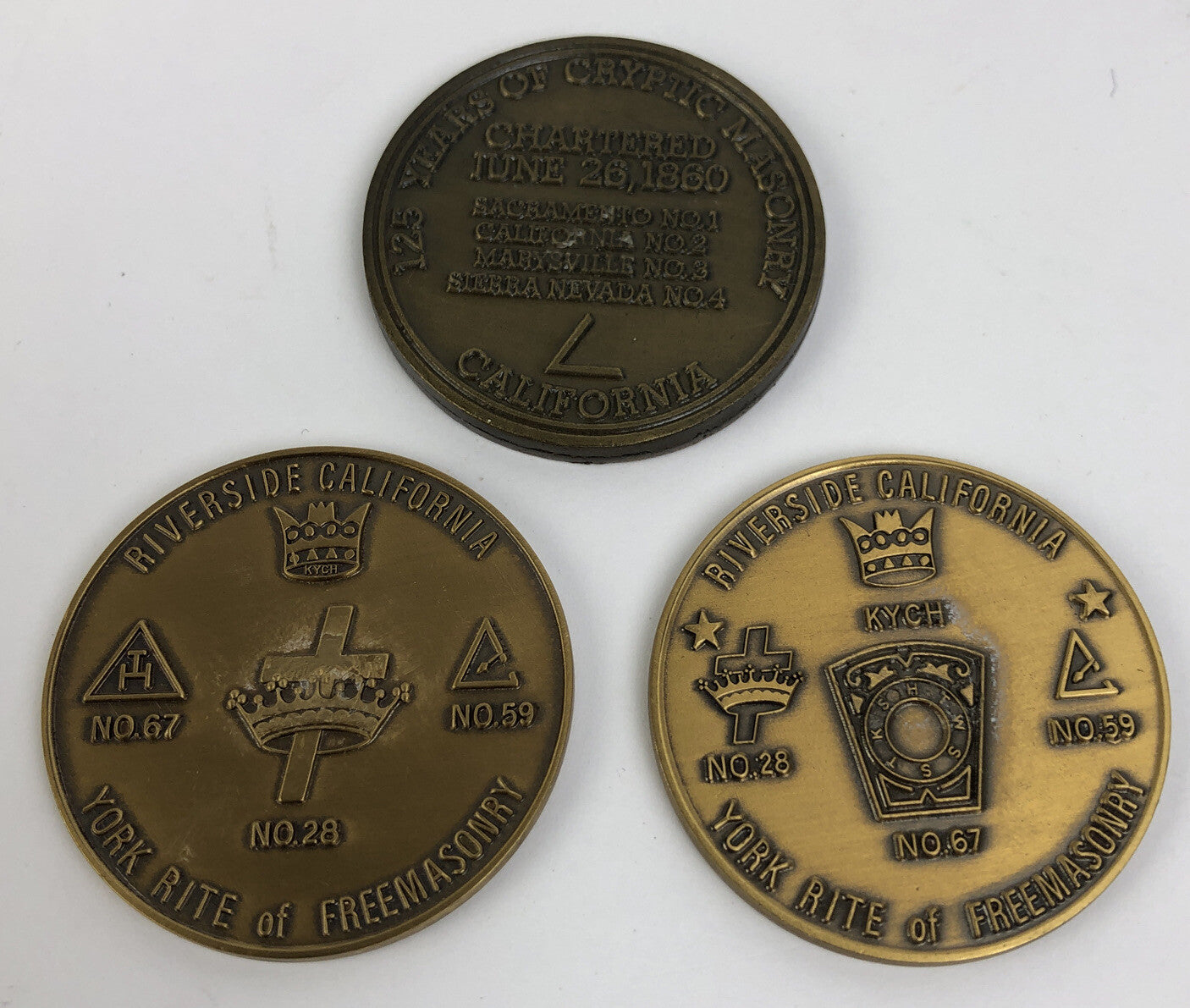 3 York Rite Freemasonry Cryptic Masonic 100 years Riverside California commemorative coins set