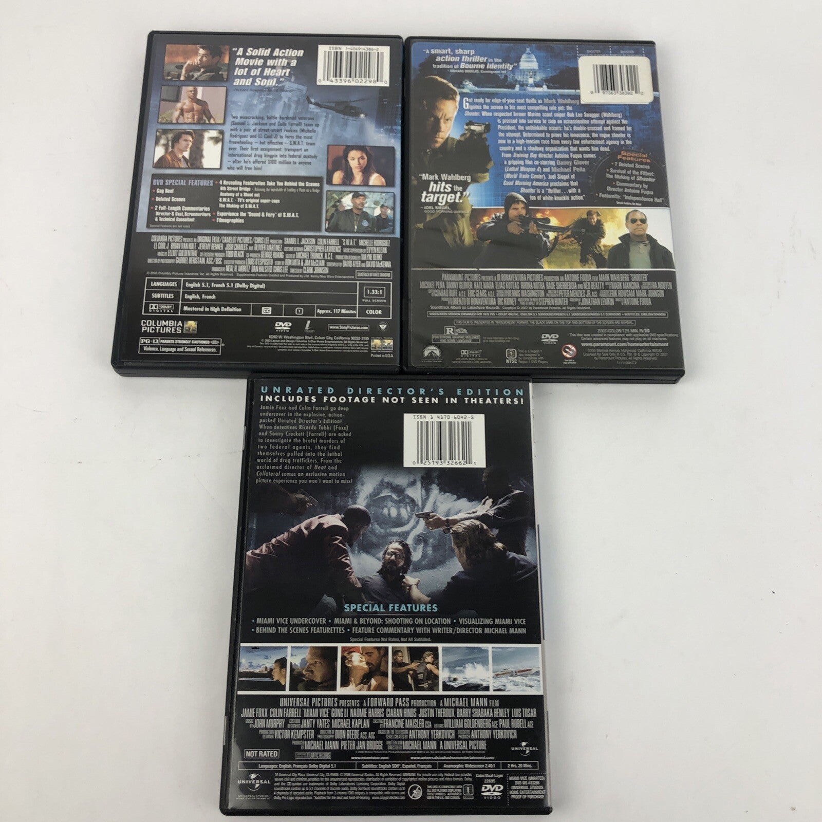 Action Lot 3 of DVD’s Miami Vice , S.W.A.T Collin Farrell, Shooter Mark Wahlburg