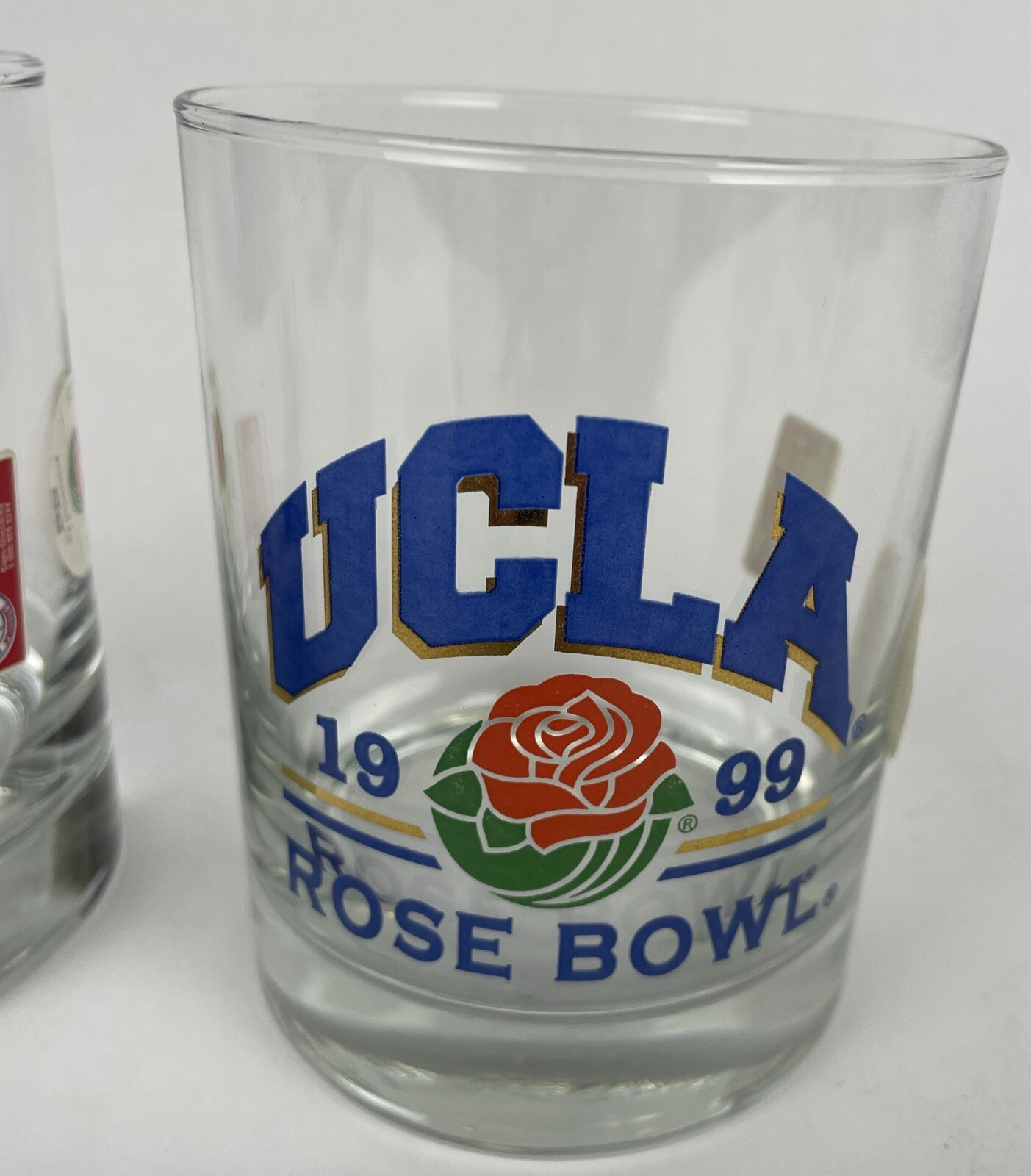 2 x Vintage UCLA Rose Bowl 1999 Bar Glass Blue With Gold Trim Print Clear Glass