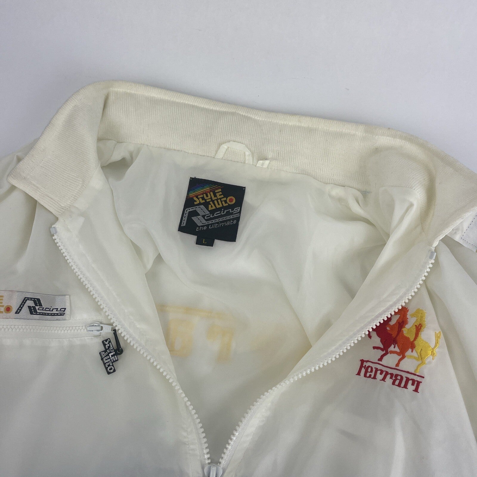 Vintage Style Auto Ferrari Racing Jacket Mens Medium Satin Baby Blue White VGC