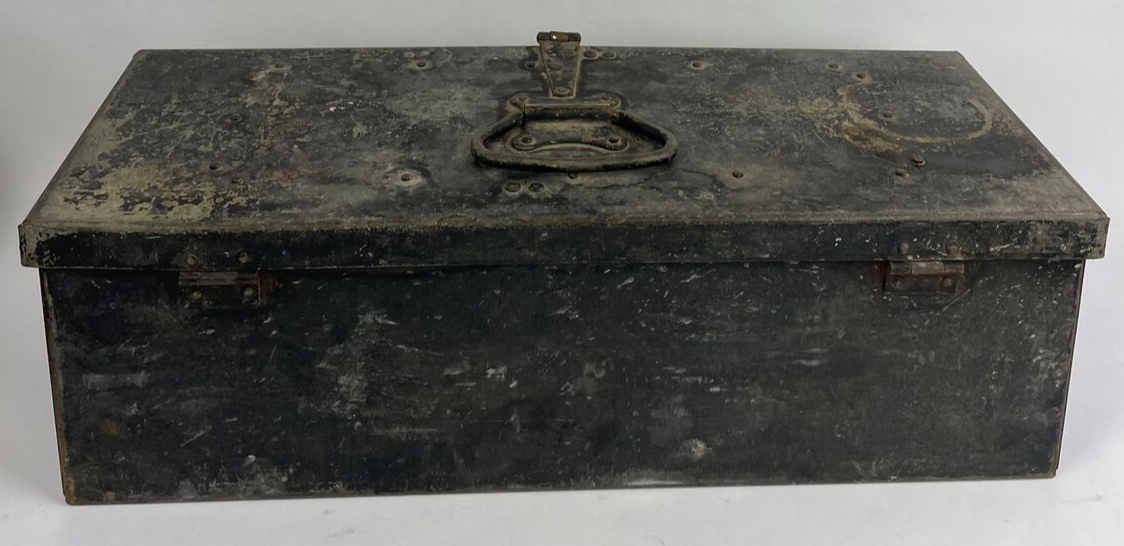 Vtg Mid-Century 1953 Military Black Metal Fishing Tackle Tool Box Embossed LOOK