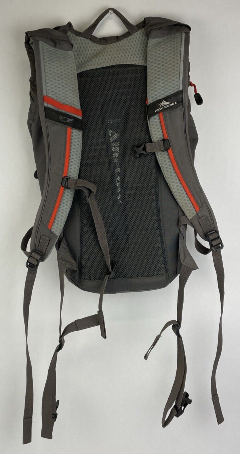 High Sierra Visalia gray hydration backpack with adjustable straps and mesh back panel.