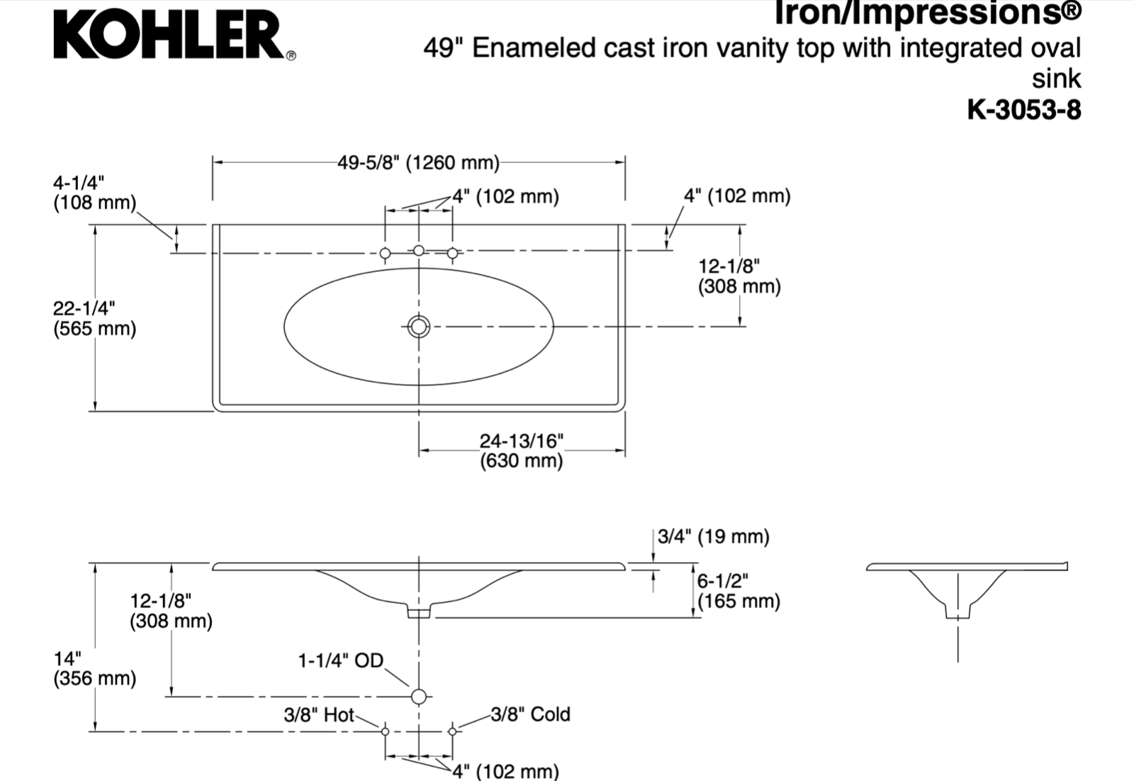 Kohler K-3053-8-0 white iron impressions one-piece vanity top bathroom sink integrated basin