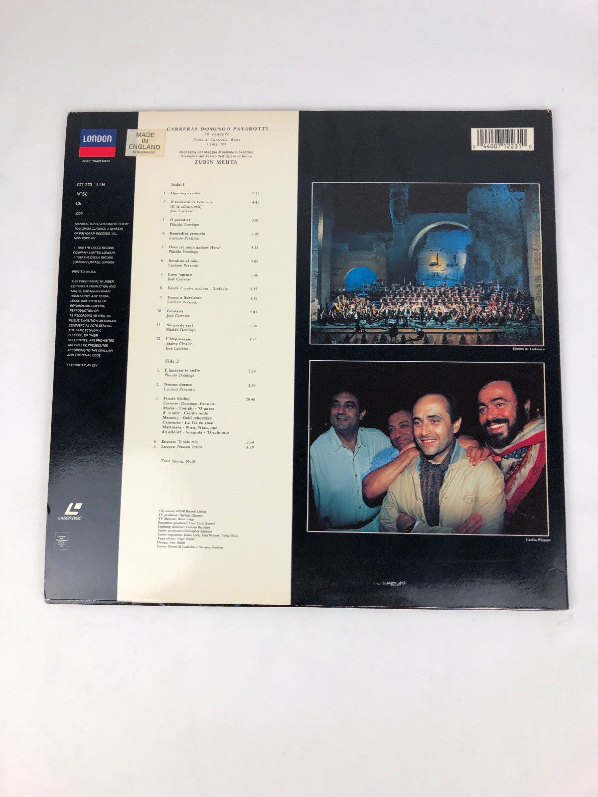 Laserdisc Carreras Domingo Pavarotti In Concert ZUBIN MEHTA Terme di Caracalla