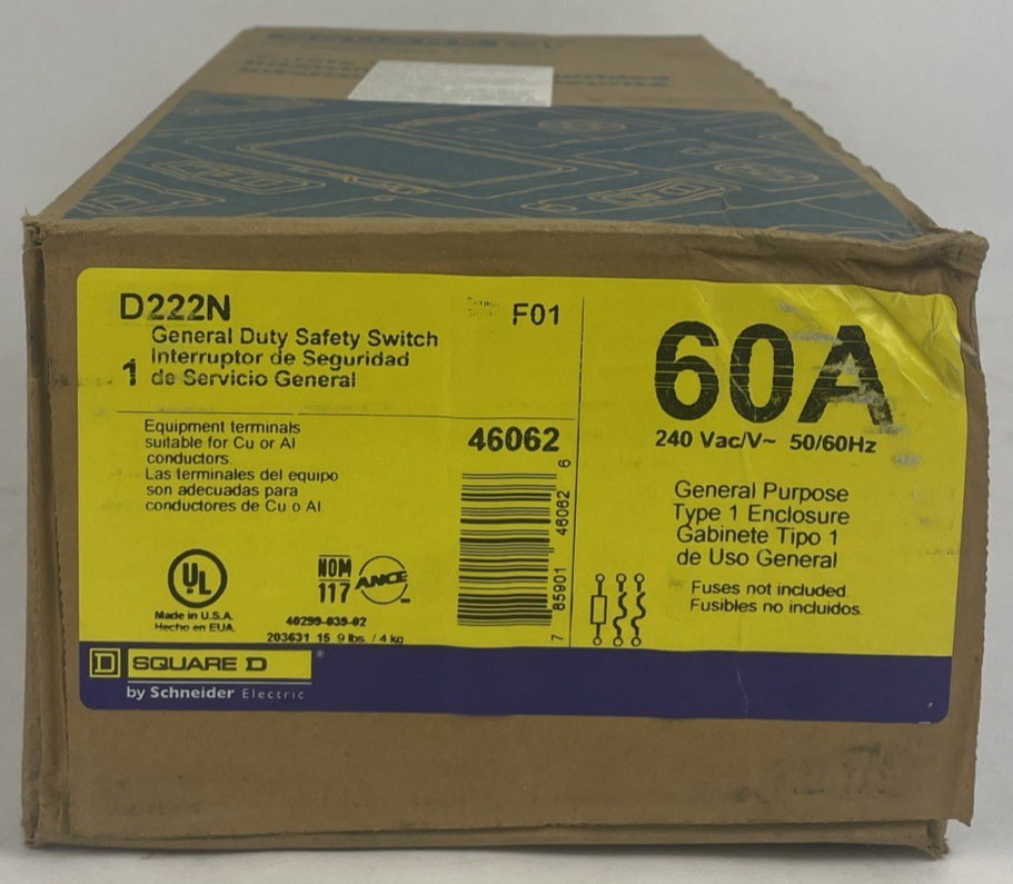 OEM Square D D222N Safety Switch, General Duty, Fusible, 60A, 240V, 2P, NEMA 1
