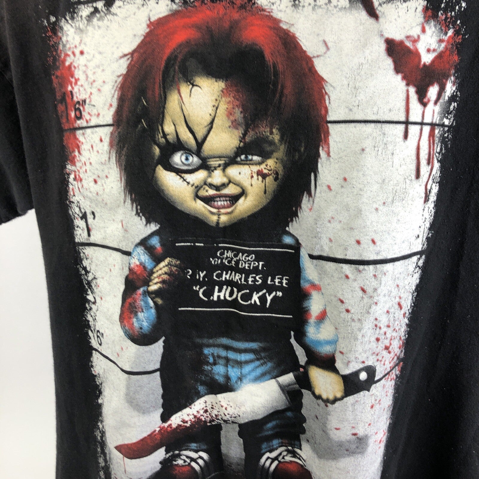 CHUCKY T-shirt Child's Play Doll Police Lineup Black Large Horror - LOOK