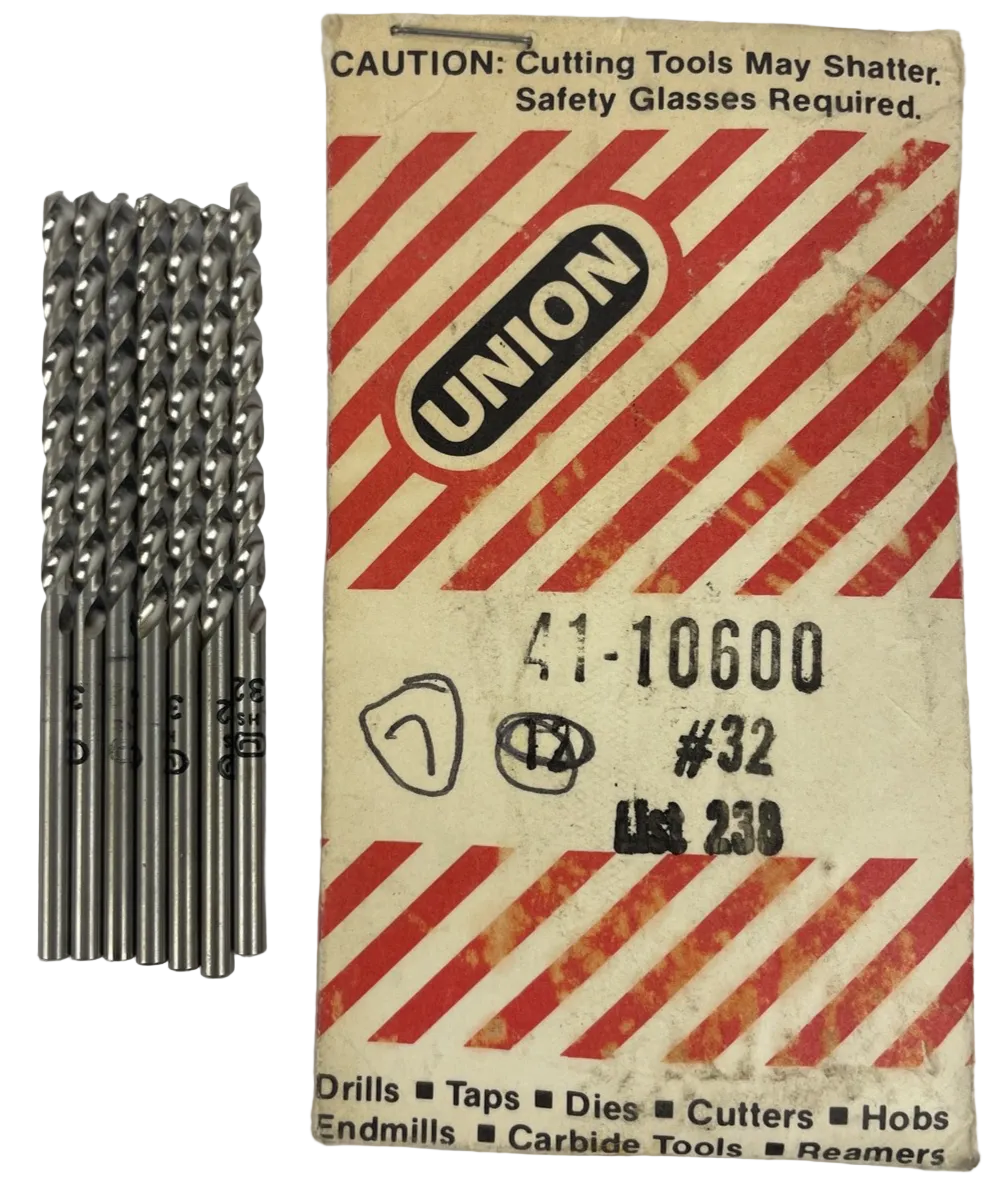 Lot of 7 Union #32 3mm HSS jobber length drill bits USA made