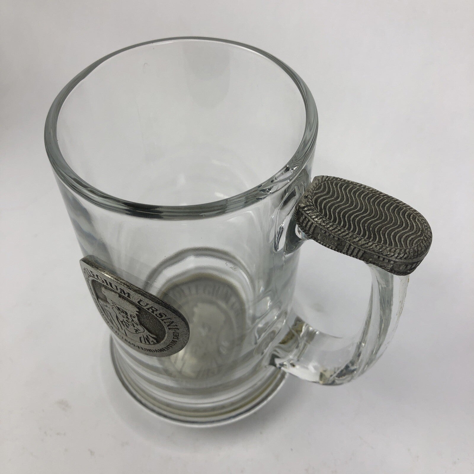 Vintage Collegium Ursini glass and pewter beer stein mug with AD 1869 inscription.