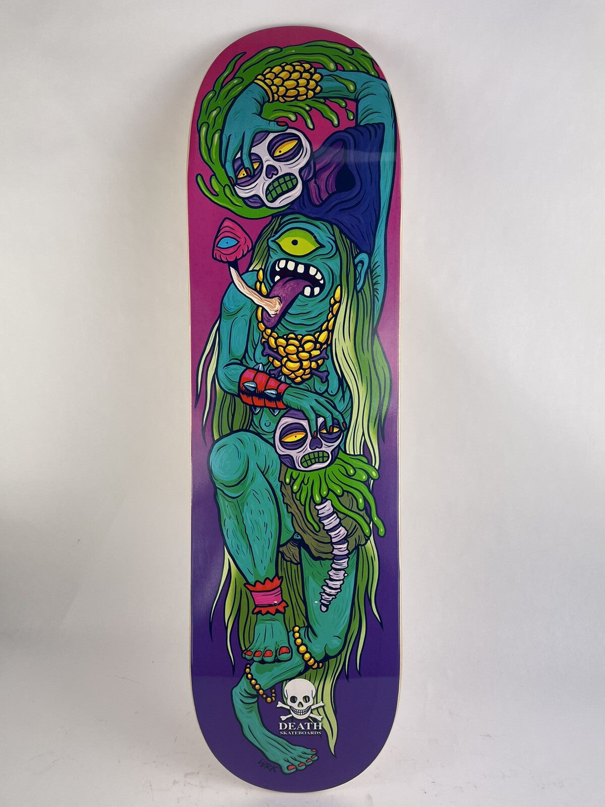 Death Skateboards Lurk 2 8.5-inch skateboard deck with grip tape and original graphic design.
