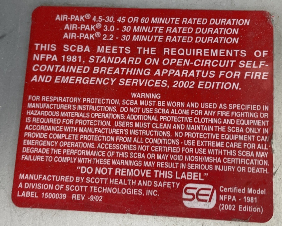 SCOTT SAFETY 4.5 4500 SCBA Air Pack Harness EZ-Flow Air Pak Plus with Sensor O
