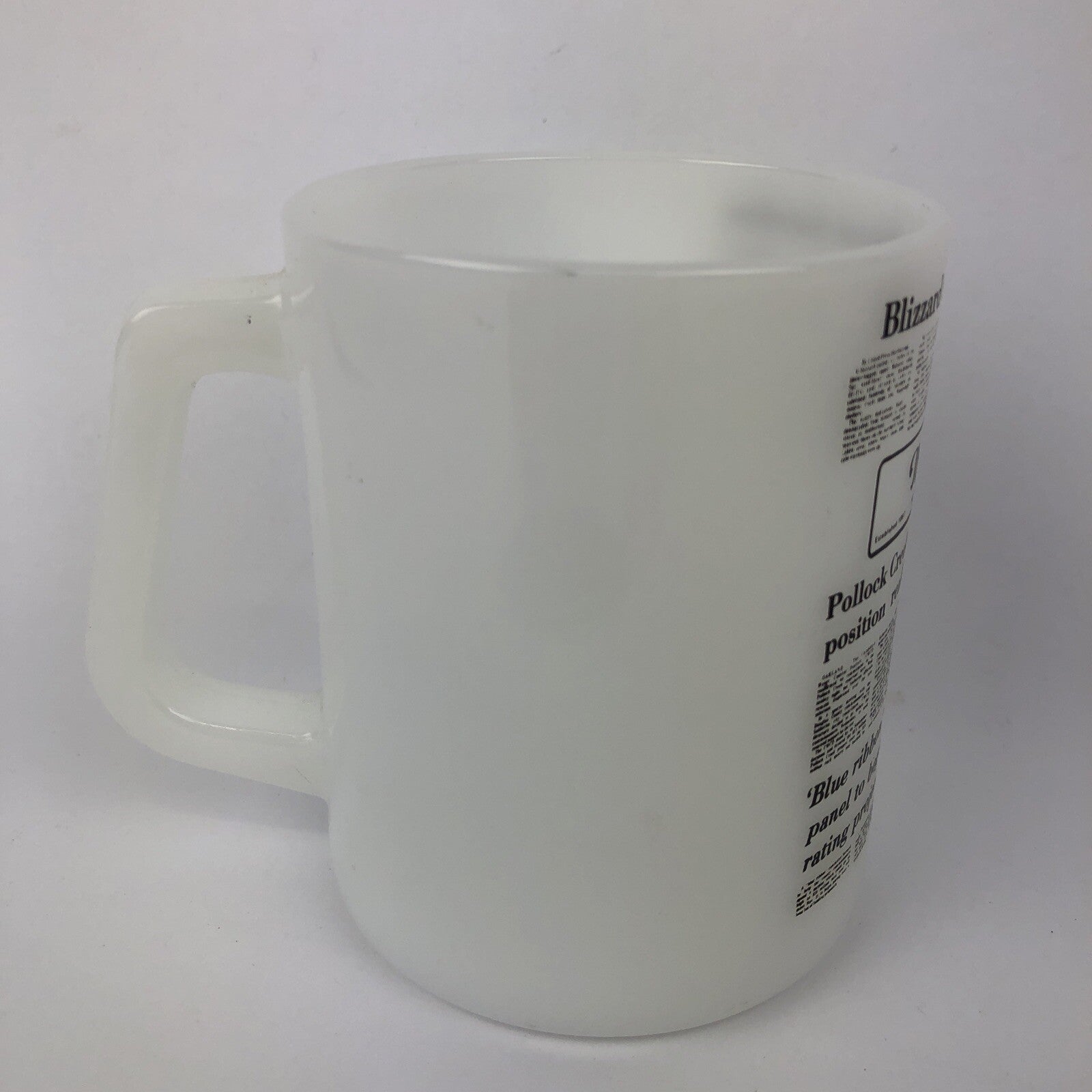 Vintage Federal Glass milk glass coffee mug with Midwest News Review print made in USA.