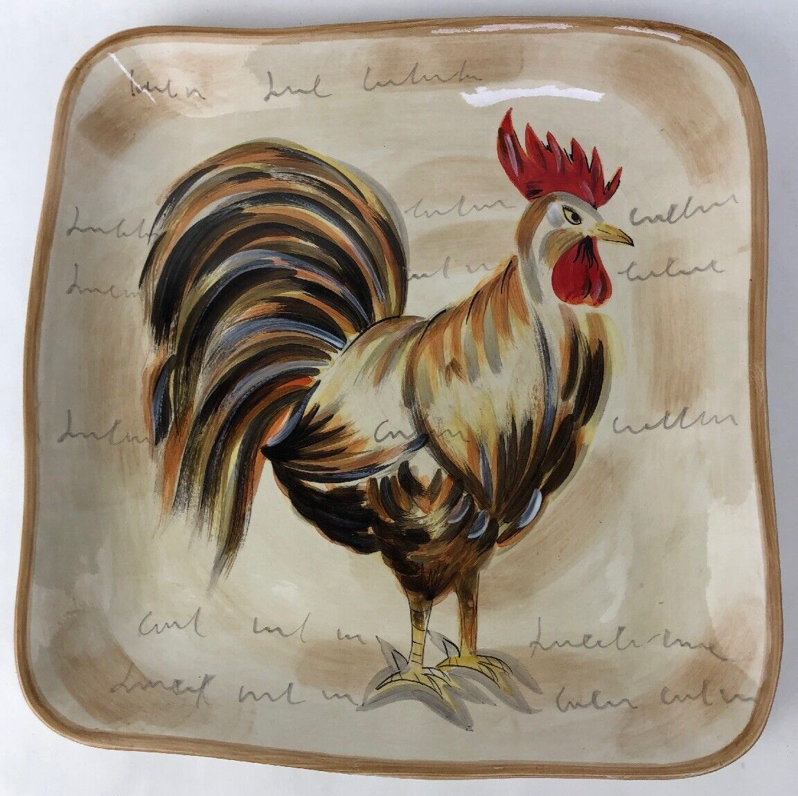 Tabletops Gallery Romalo Rooster 11.25” Sq. Salad Plate Hand Painted Beautiful