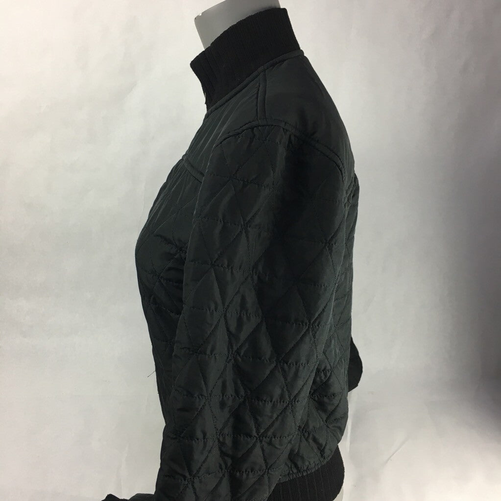 Prana Womens Quilted Jacket Black Zip Up Breathe Ribbed Moc Neck Stretch XS