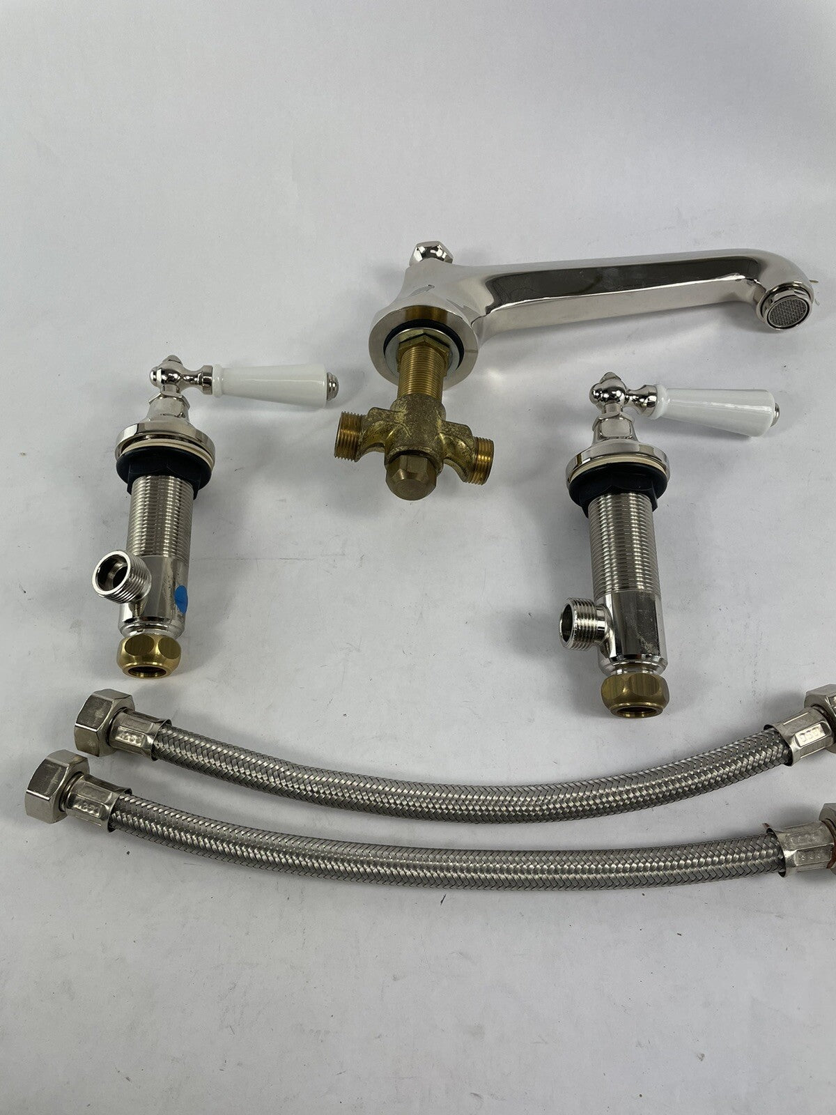 Kallista Tuxedo Lav Basin Faucet Roman Tub Set WHITE Handles Nickel POLISHED