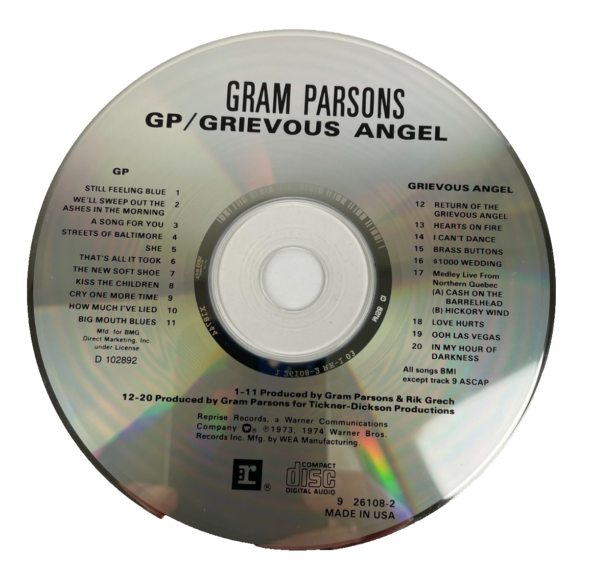 Gram Parsons GP / Grievous Angel Digital Audio CD Reprise Records 1990