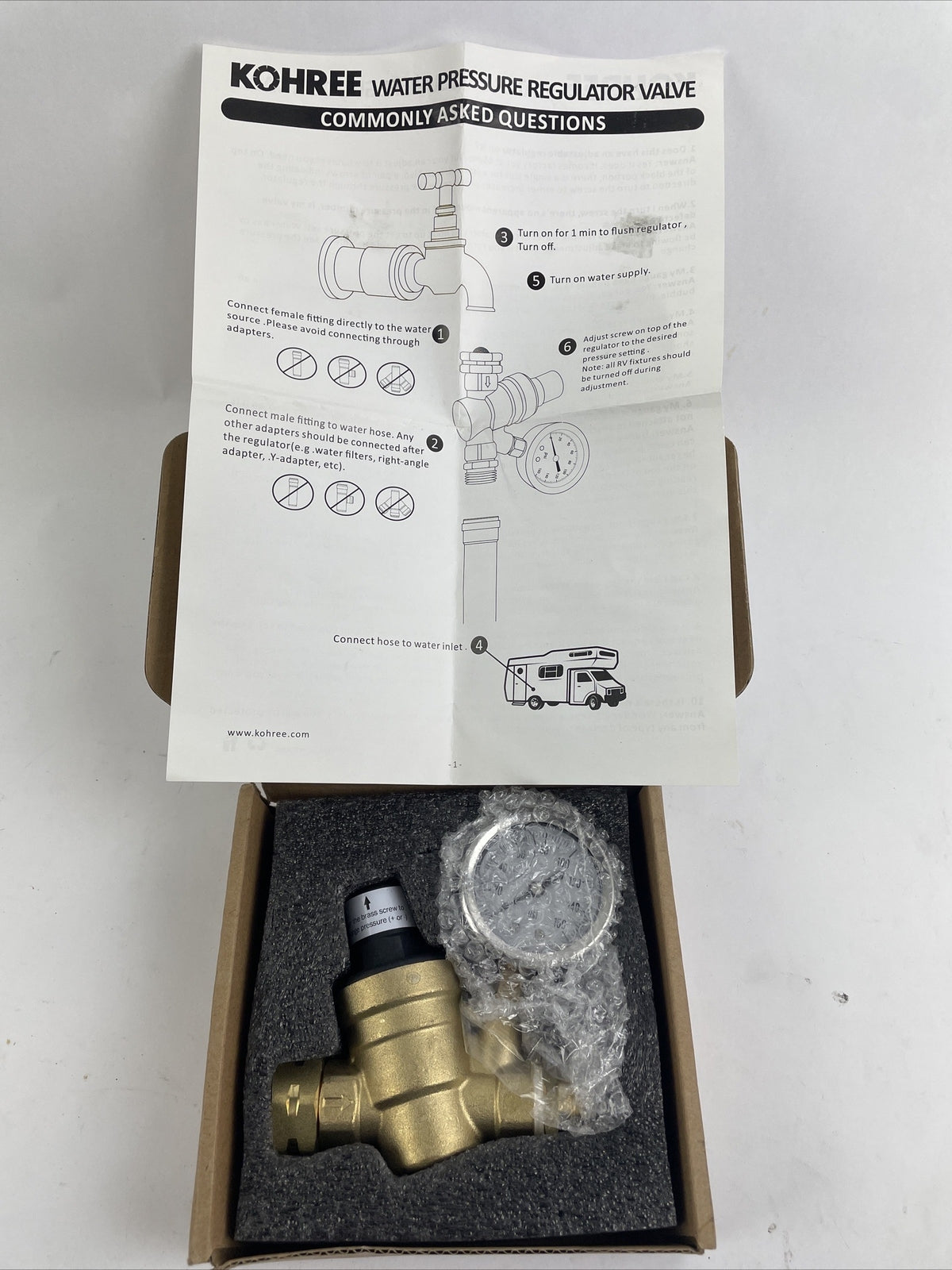 KOHREE Pressure Regulator Water Reducing Valve Adjustable Brass Gauge HP483-US