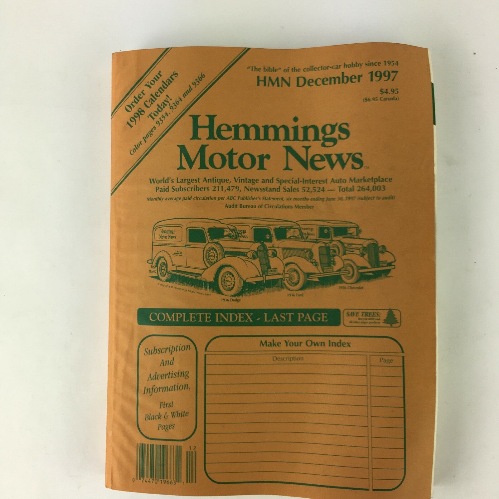 December 199 Hemmings Motor News World's Largest Antique Vintage 1998 Calenders