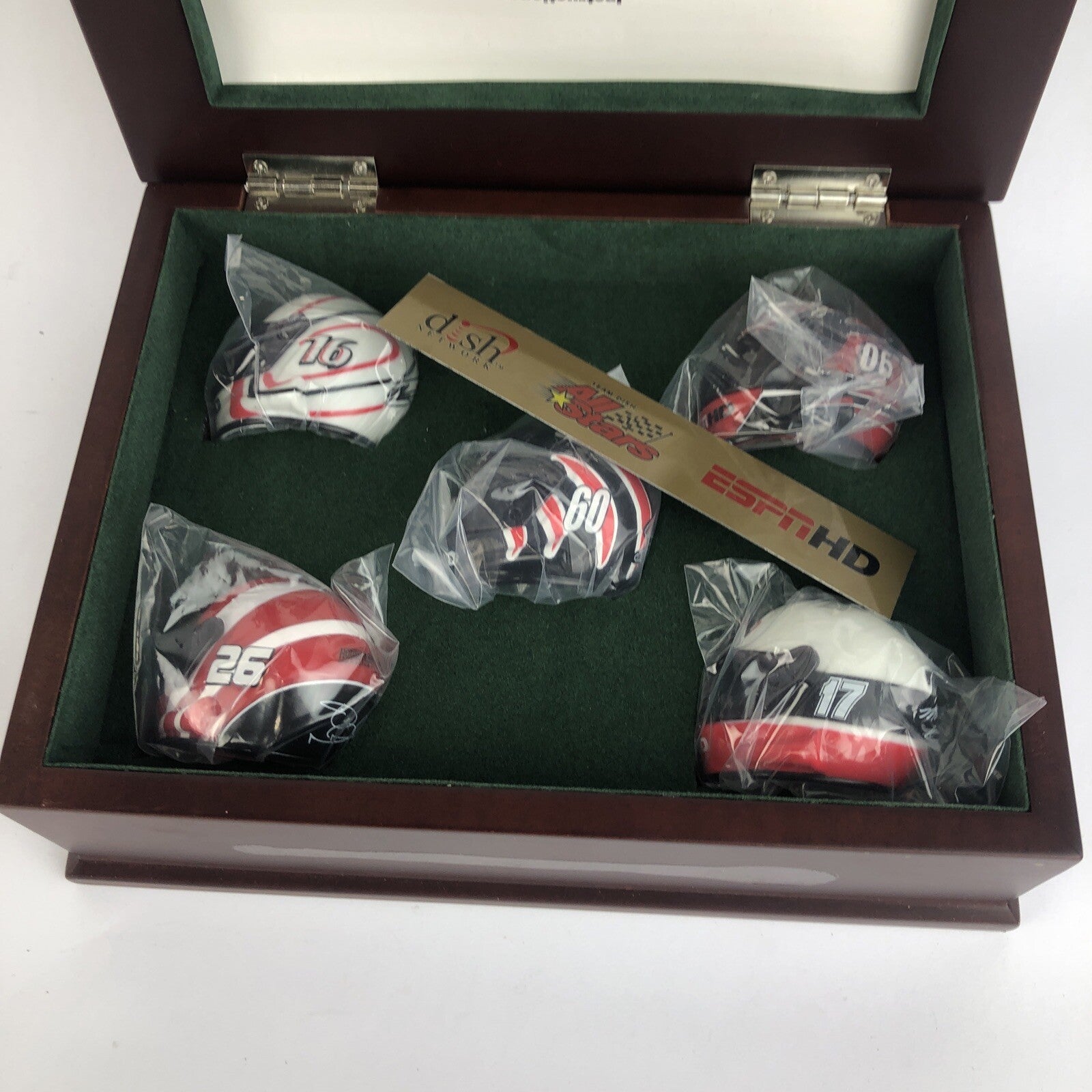 ESPN Team Dish Allstars NASCAR five mini helmets with real wood presentation display box