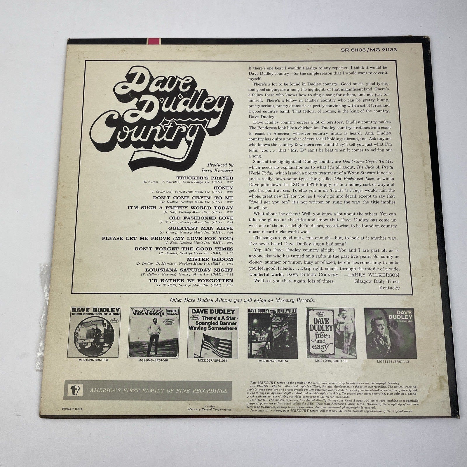Dave Dudley Country Featurin Truckers Prayer Lp Vin 1967 Mercury Record SR 61133