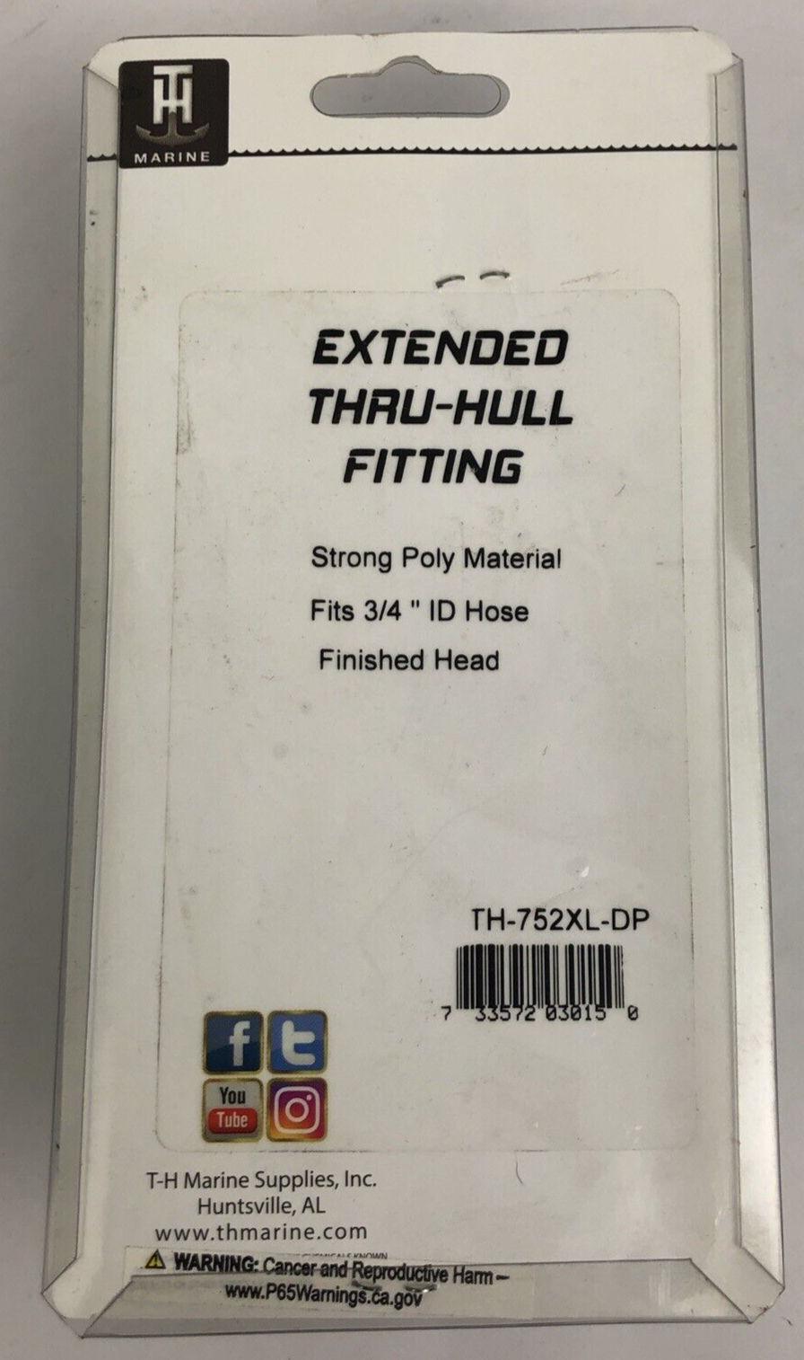 TH-752XL-DP EXTENDED LENGTH Marine THRU-HULL FITTING-3/4" x 4-1/2", White - M2