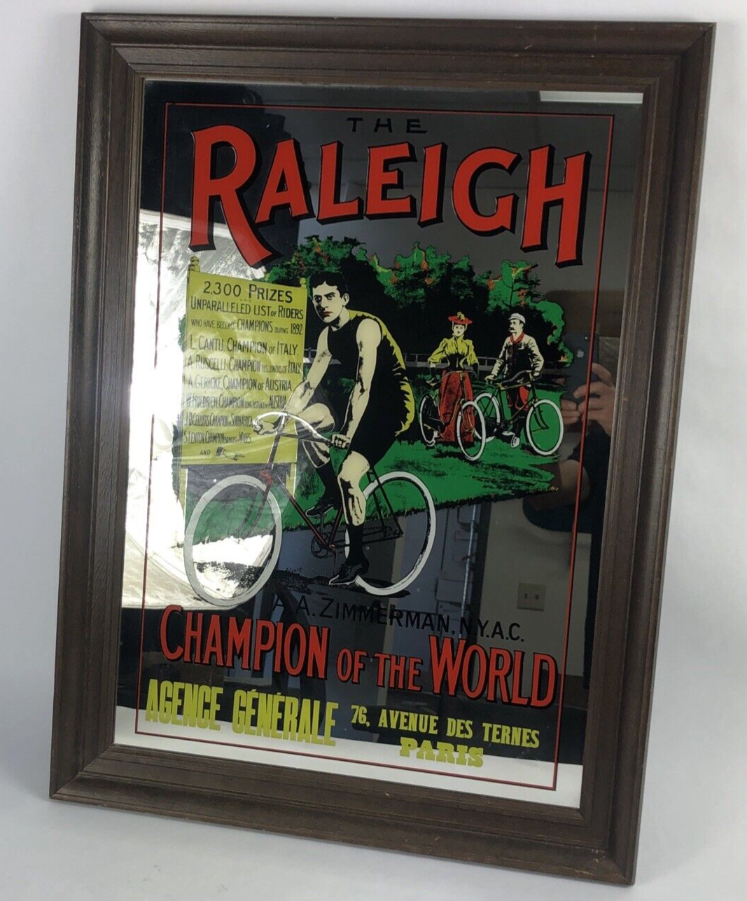 1970's Hoyne Industries Inc Raleigh Bicycle Glass Mirror Wall Art World Champion
