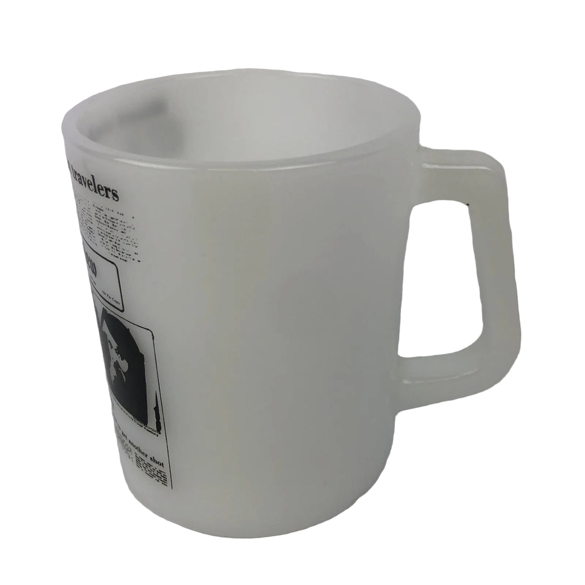 Vintage Federal Glass milk glass coffee mug with Midwest News Review print made in USA.