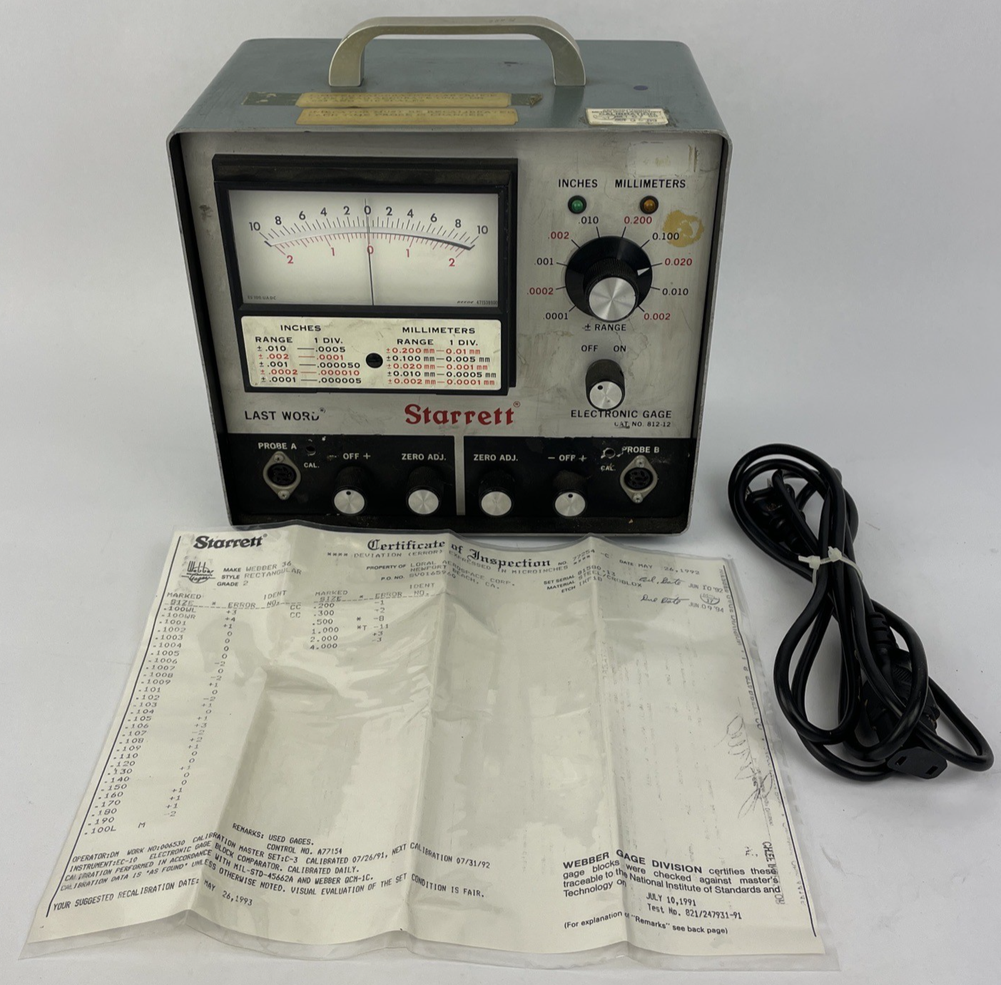 OEM Starrett Last Word No. 812-12 Electronic Gage w Certificate of Inspection