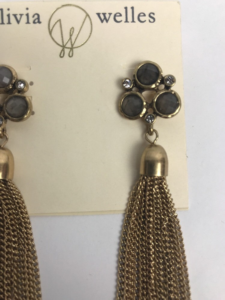 Beaded Round Stud Olivia Welles and Tassel 4" Long Drop Earrings GOLD Crystal