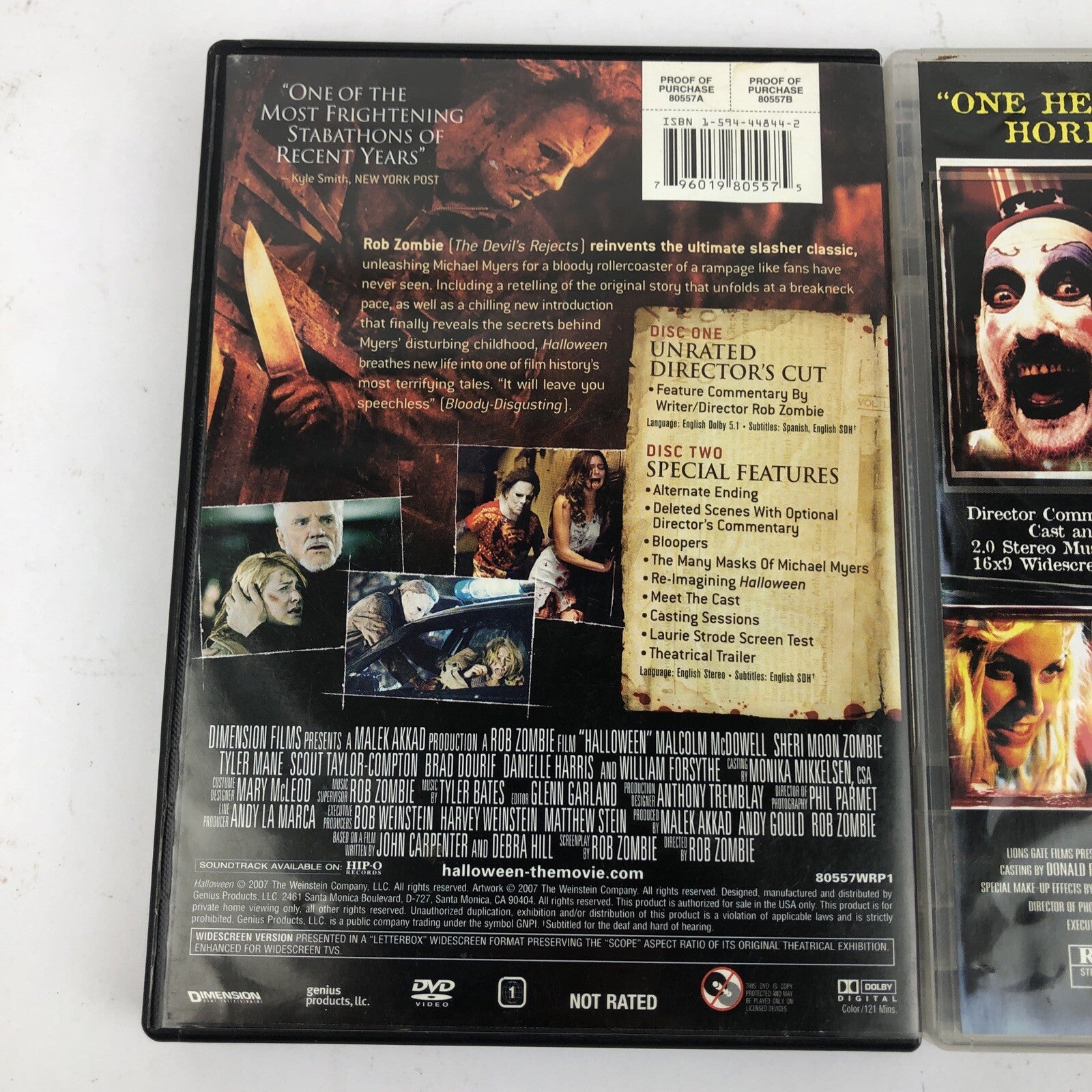 2 x Rob Zombie DVD Movie Collection. Halloween, House of 1000 Corpses * VGC *