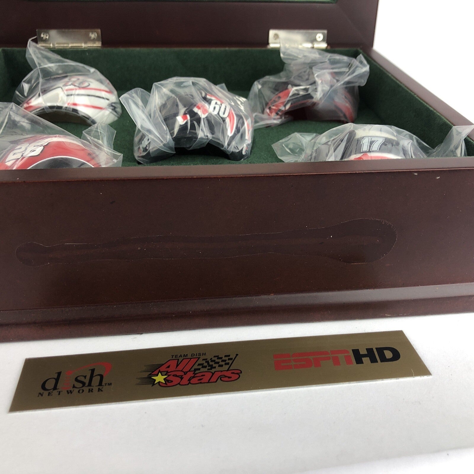 ESPN Team Dish Allstars NASCAR five mini helmets with real wood presentation display box