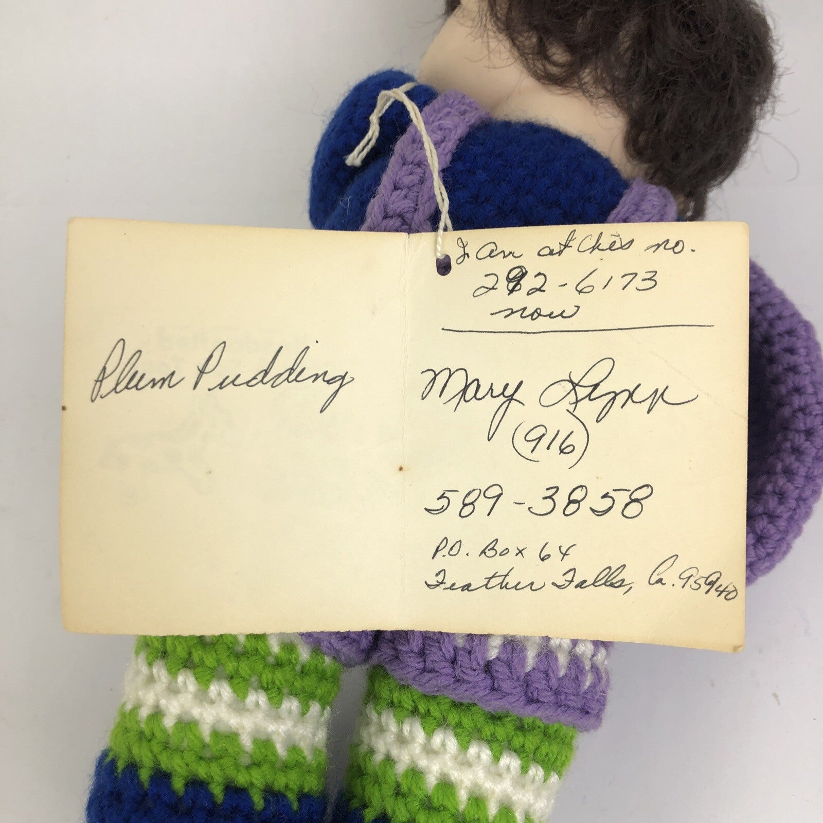 Hand Crafted Crochet Doll w Hat And Purse Knitted Soft Toy 12" " Plumb Pudding "