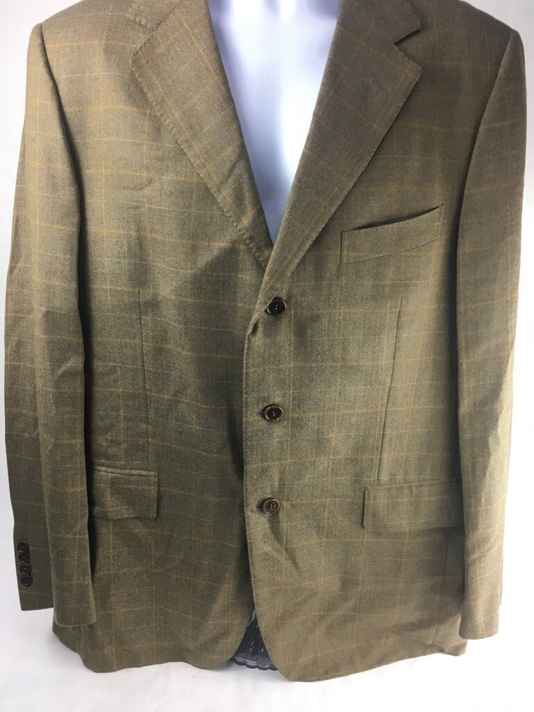 Façonnable Mens Cashmere Suit Jacket Brown Plaid 3 Button Blazer Italy 52 Long