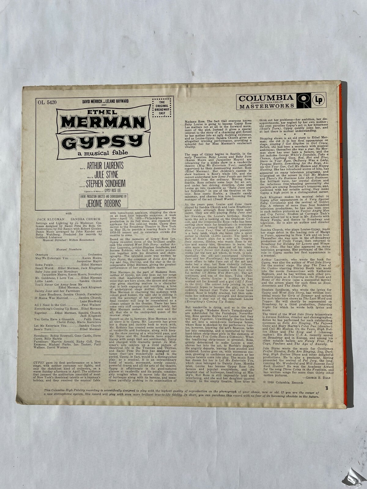 Ethel Merman in Gypsy a musical fable David Merrick Jule Styne Vinyl Record Q10
