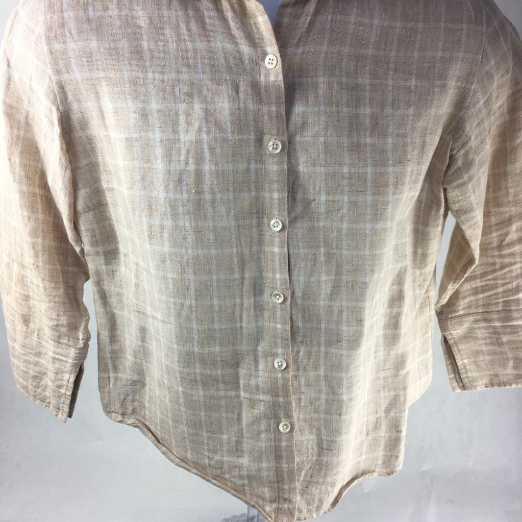 Faconnable Mens Button Front Shirt Beige Checks Round Hem Long Sleeves Linen S