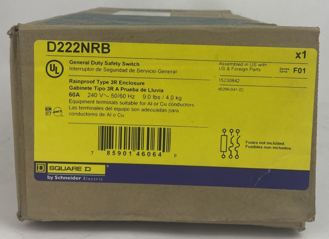 OEM Square D D222NRB General Duty Safety Switch Fusible 60A 2-Pole 240V NEMA 3R