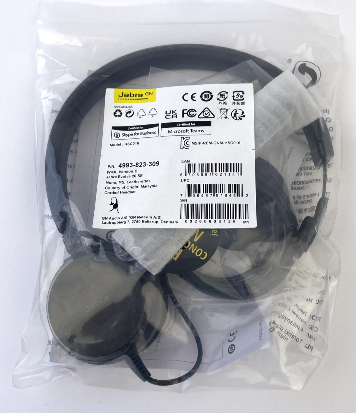 Jabra Evolve GN 20 SE MS Mono Wired Headset USB-A 4993-823-309 NEW