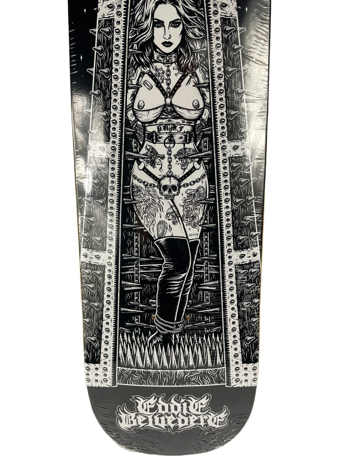 Death Skateboards Eddie Belvedere Maiden Pro 8.5-inch tapered square FA nose skateboard deck with grip tape.