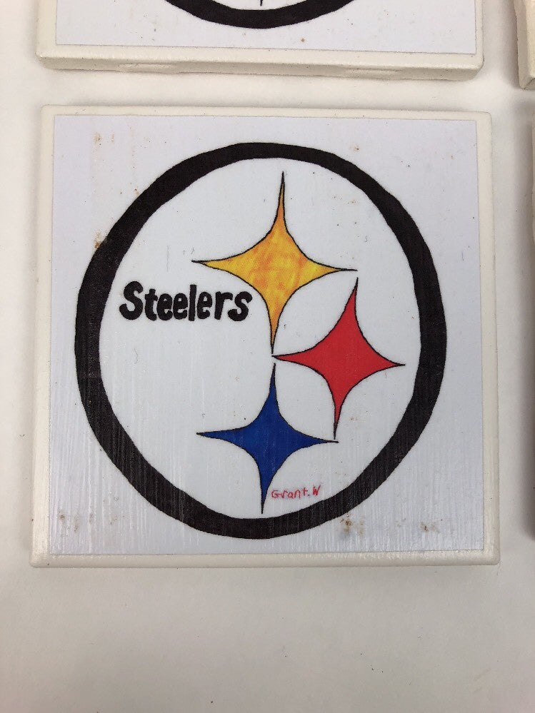 Rare Pittsburgh Steelers folk art ceramic coaster set of four NFL drink coasters