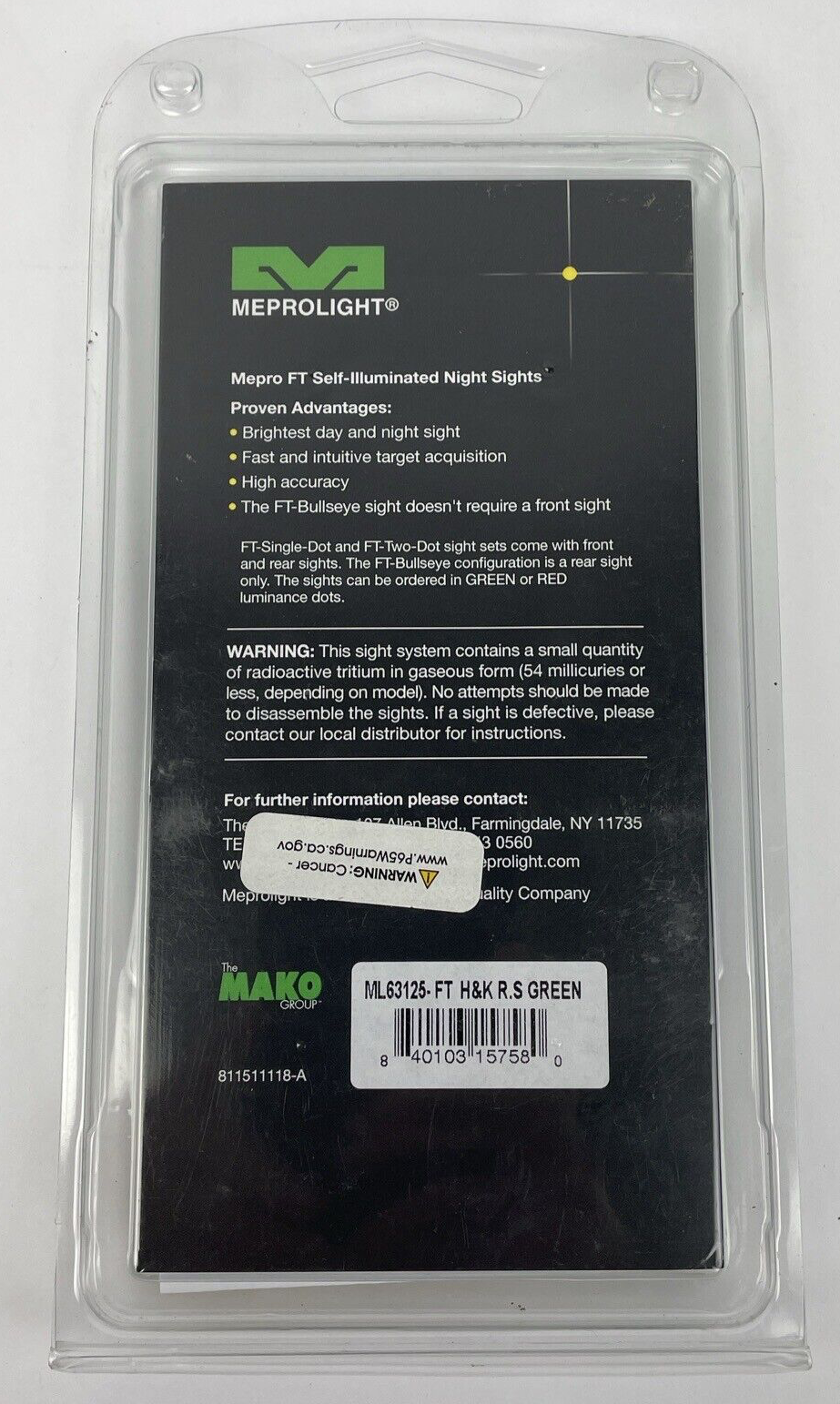 Meprolight FT Bullseye fixed rear sight with green aiming point and black frame brand new