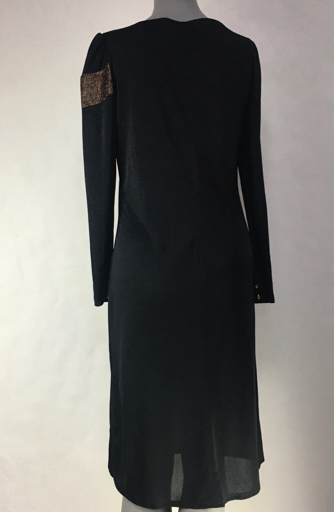 Visionz Womens Shift Dress Black Gold Stripe Midi Long Sleeve Vintage 1980's 5/6