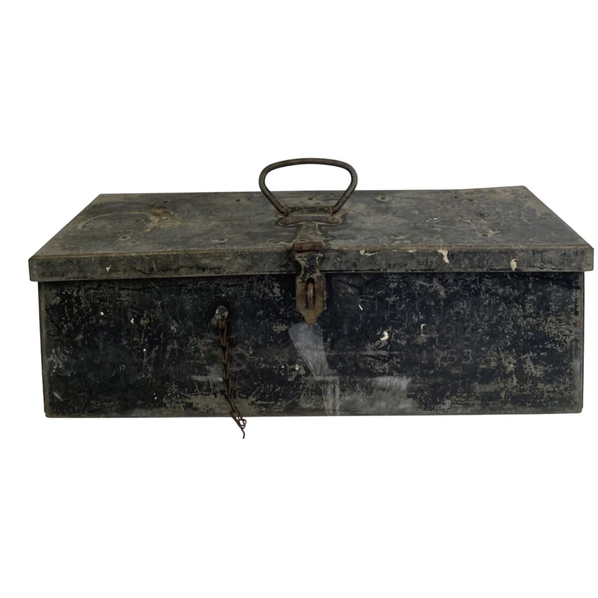 Vtg Mid-Century 1953 Military Black Metal Fishing Tackle Tool Box Embossed LOOK