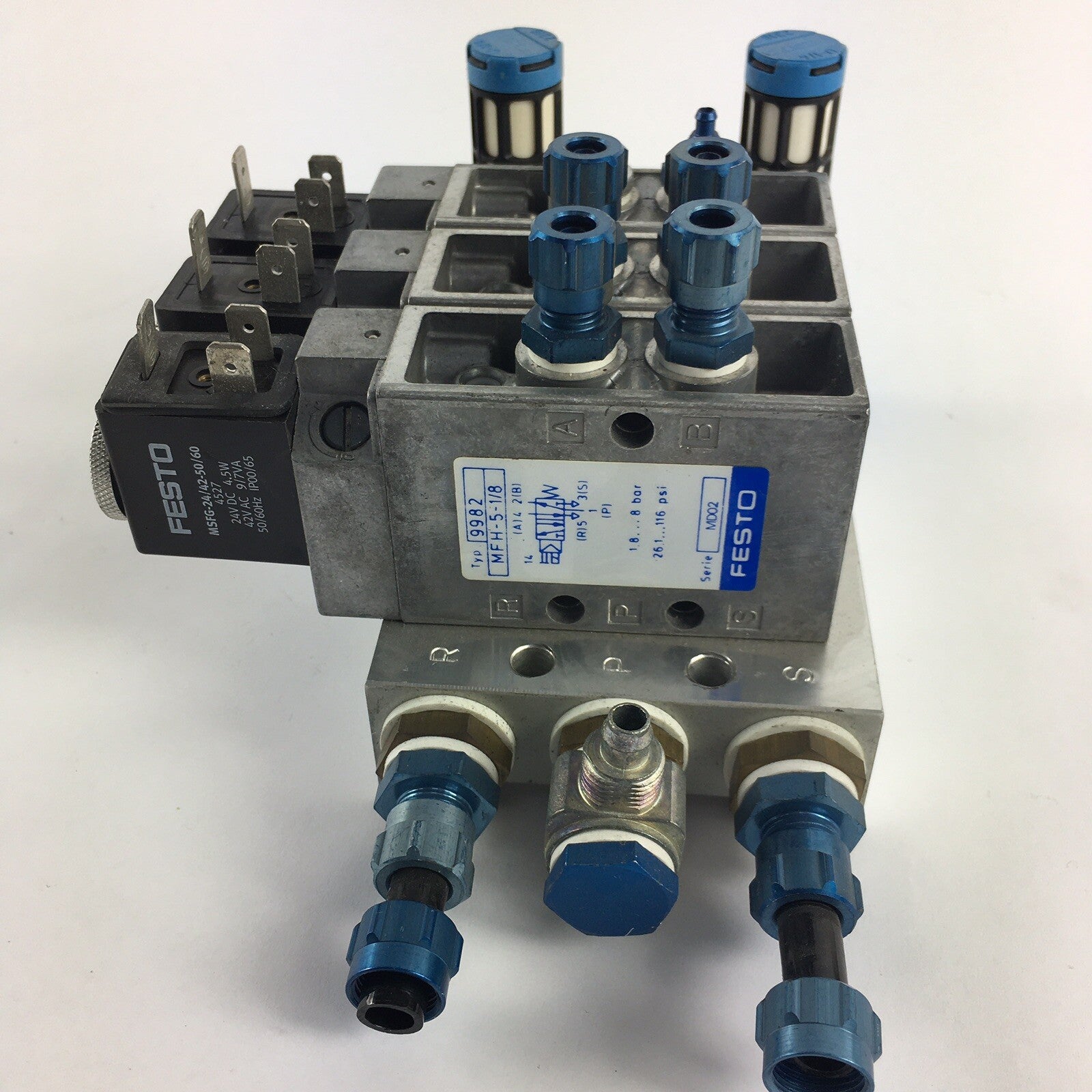 MO13 - Bank of 3 Festo PRS-1/8 3B Solenoid Valves, 2-Pos 3-Port 120psi