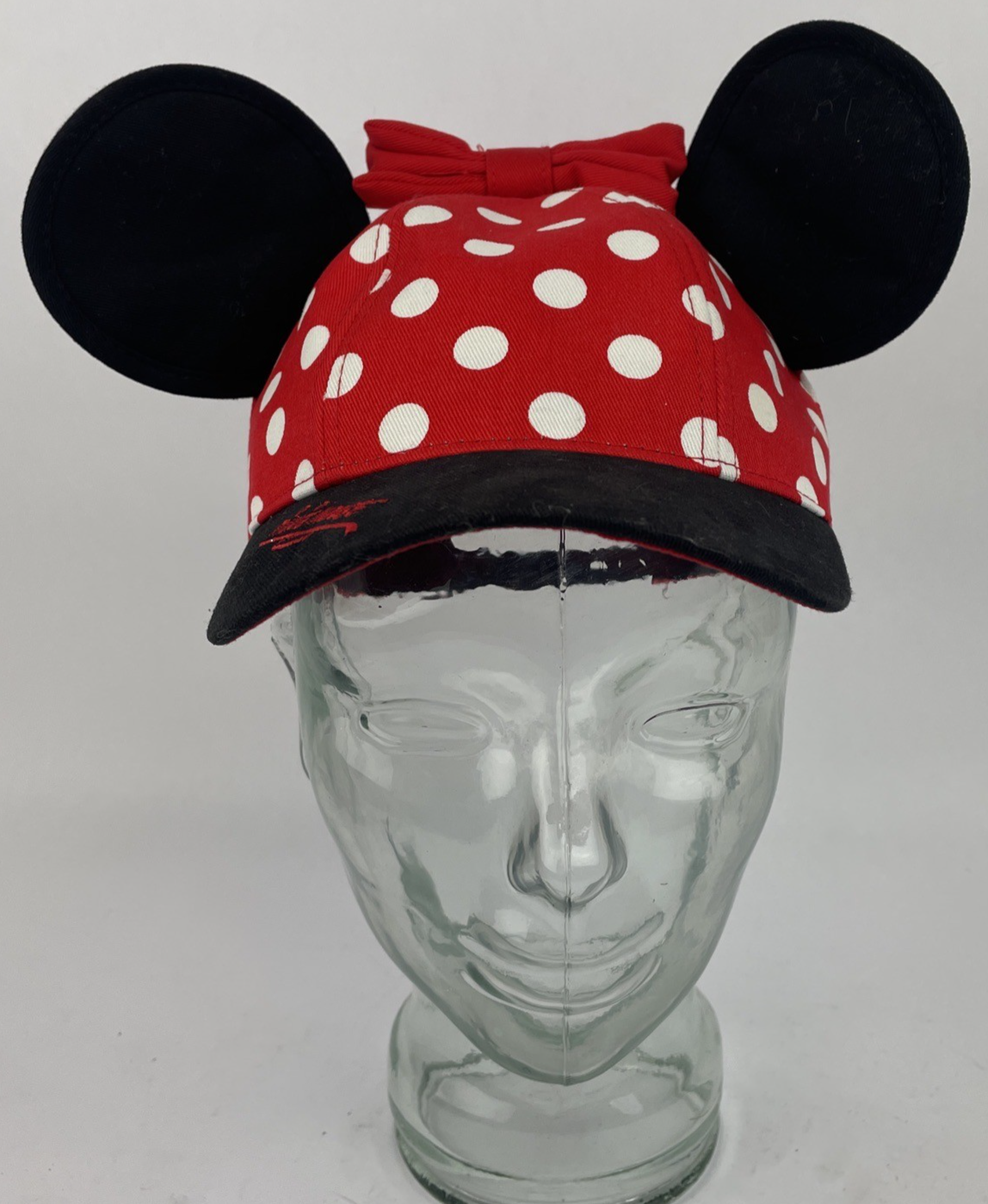 Minnie Mouse Bow Ears Cap Hat Womens OSFM Red w White Polka Dot Adjustable