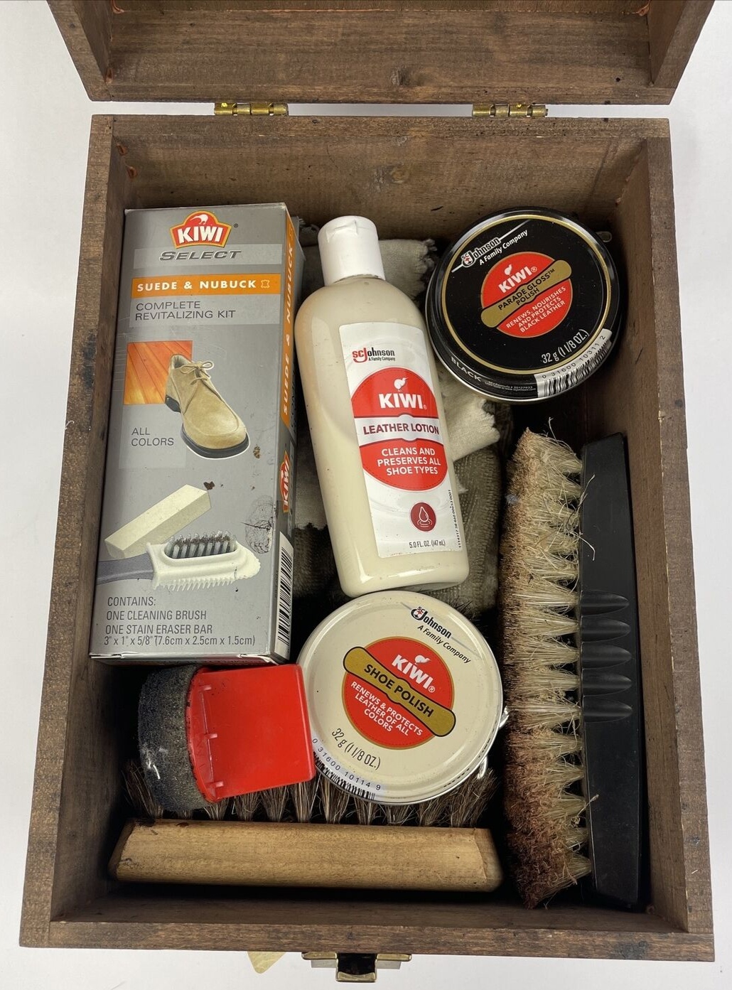 Vintage Kiwi Brand Hand Crafter Shoe Valet Wooden Box Kit w/ Supplies Bundle +++