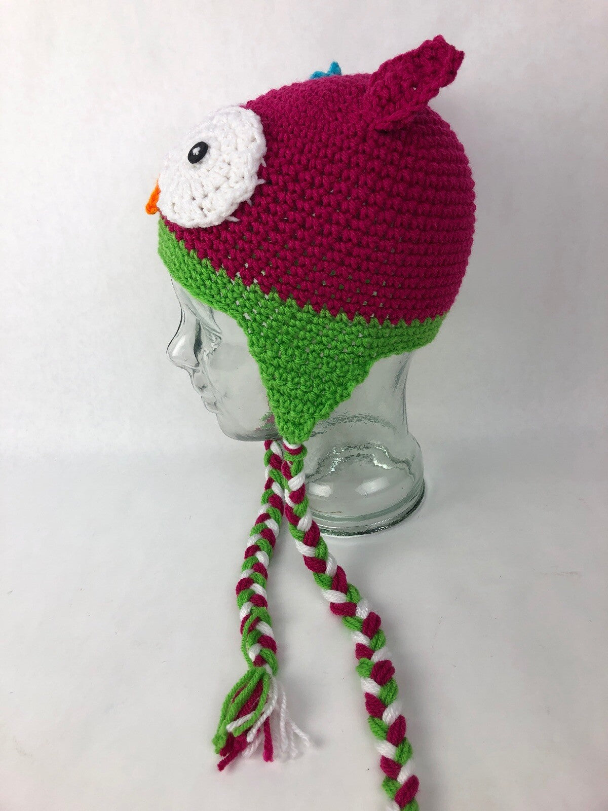 New Hand Knit Pink Green OWL FACE & Ears Winter HAT Cap Child Kids W Tie Straps